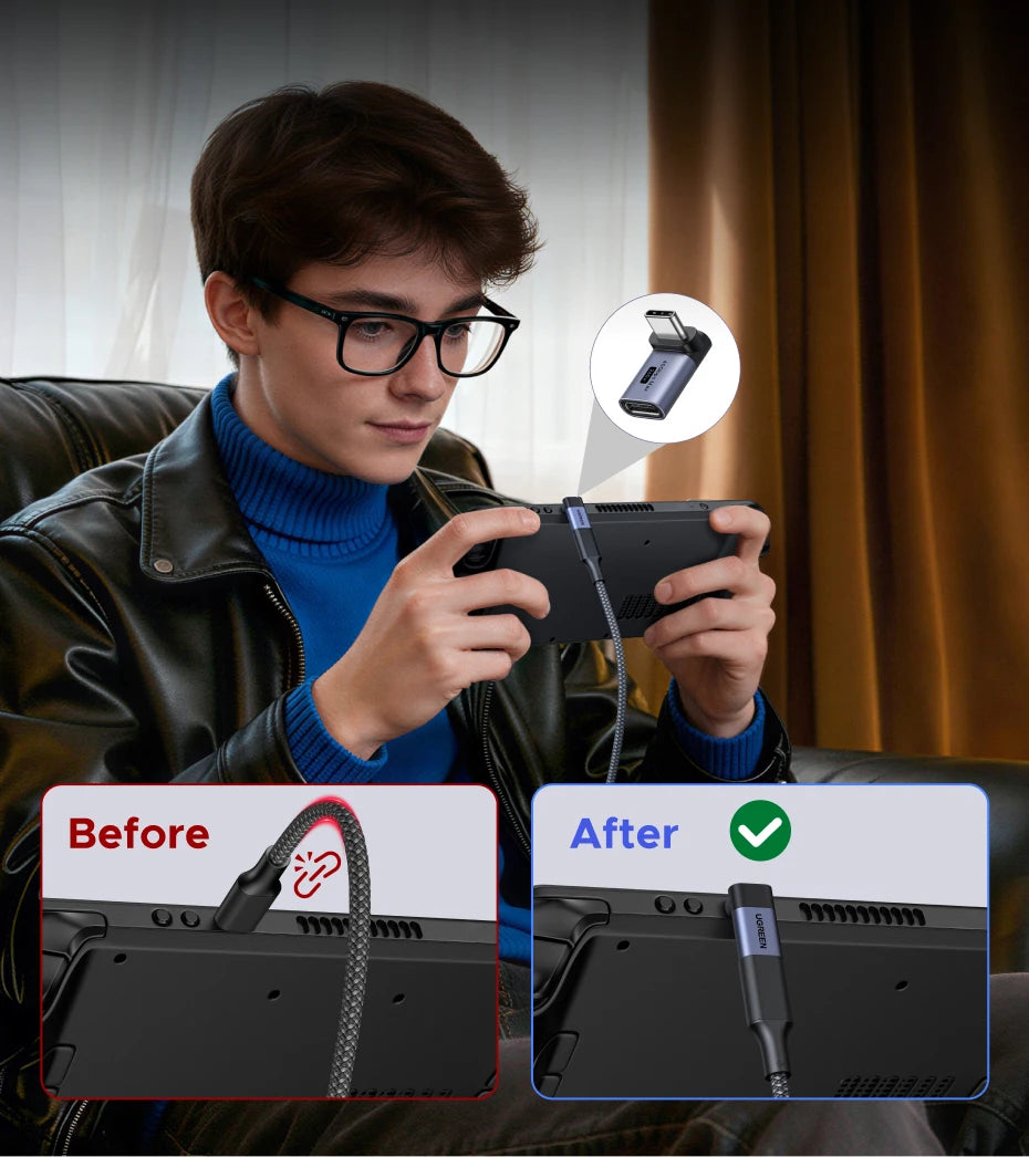 90-Degree USB-C Male to Female Adapter 240W 40Gbps