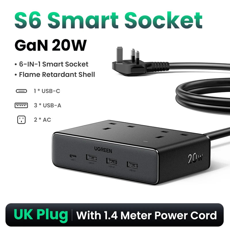 6-in-1 UK Plug Power Strip with 20W USB-C Fast Charging