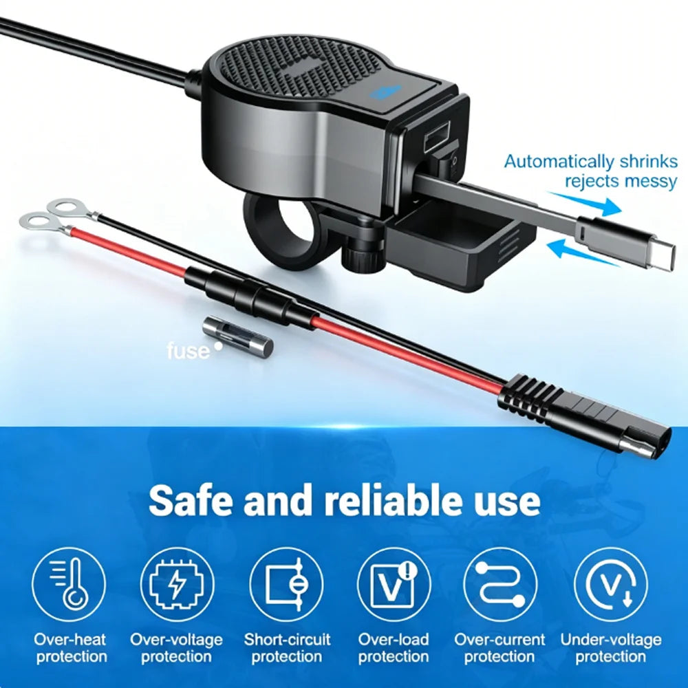 Motorcycle Dual Port USB C and A Fast Charger with Retractable Cable