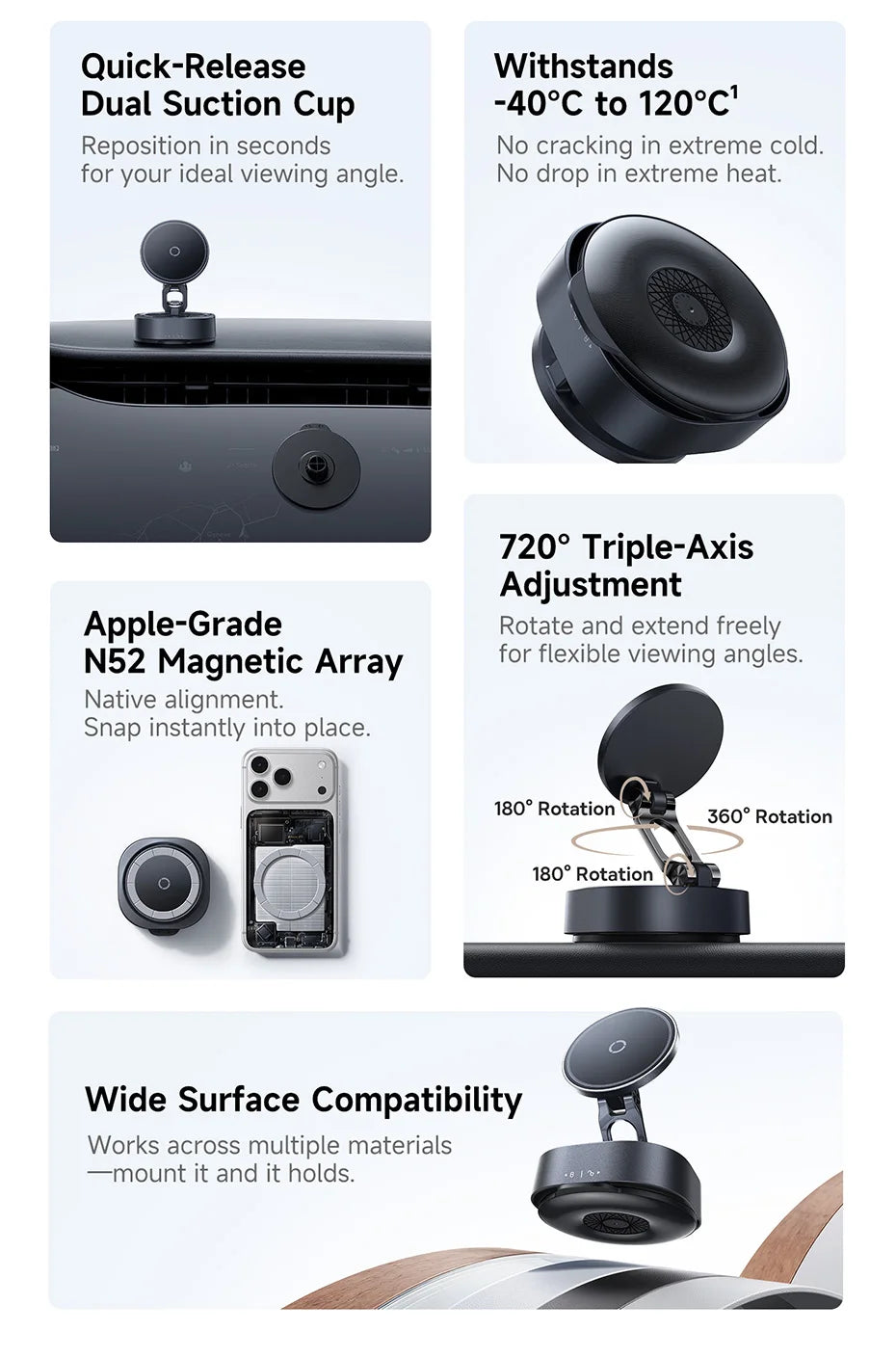 Magnetic Suction Cup Car Phone Mount with 720° Adjustable Rotation