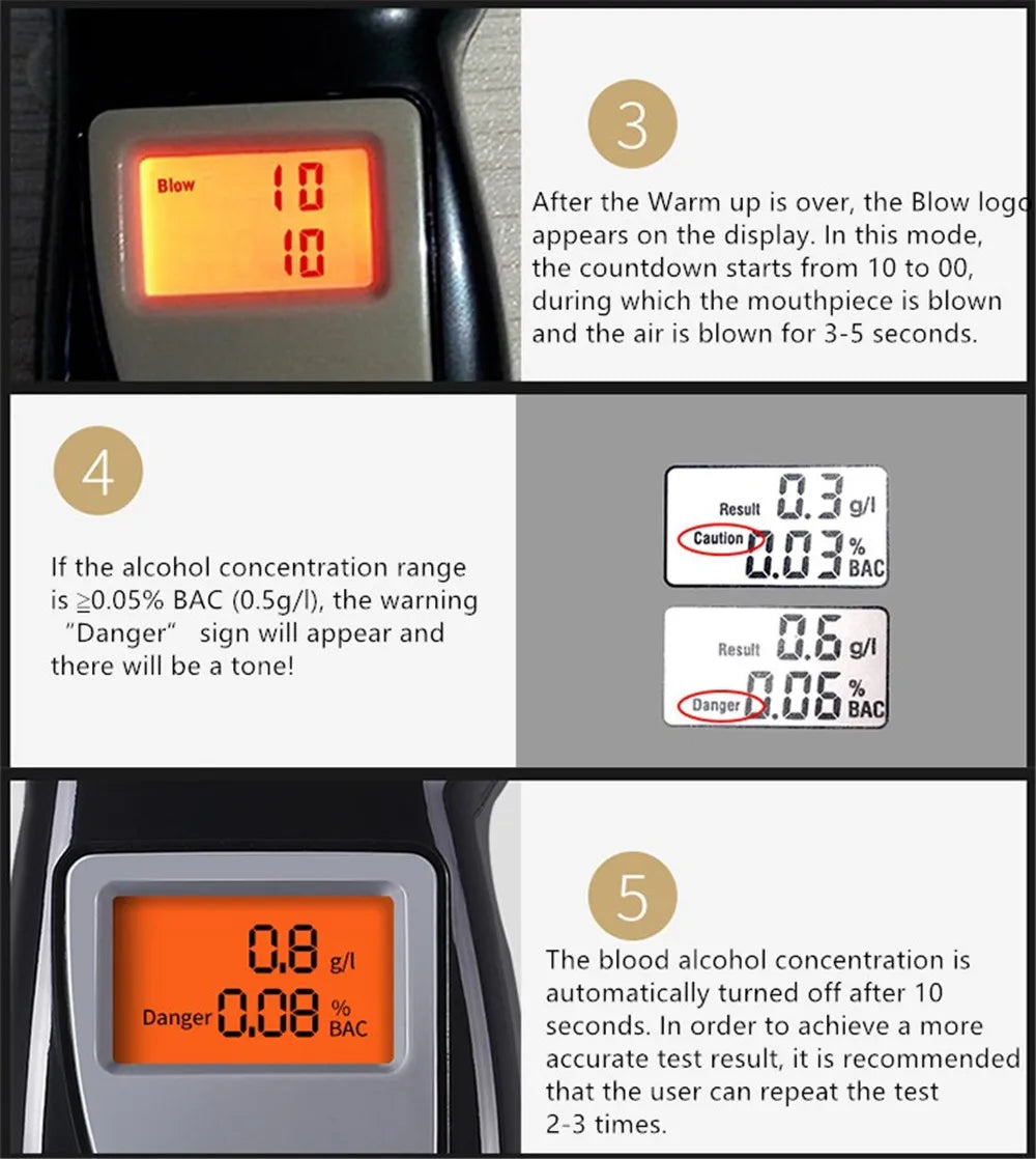 Digital Alcohol Breath Tester with LCD Display and 5 Mouthpieces