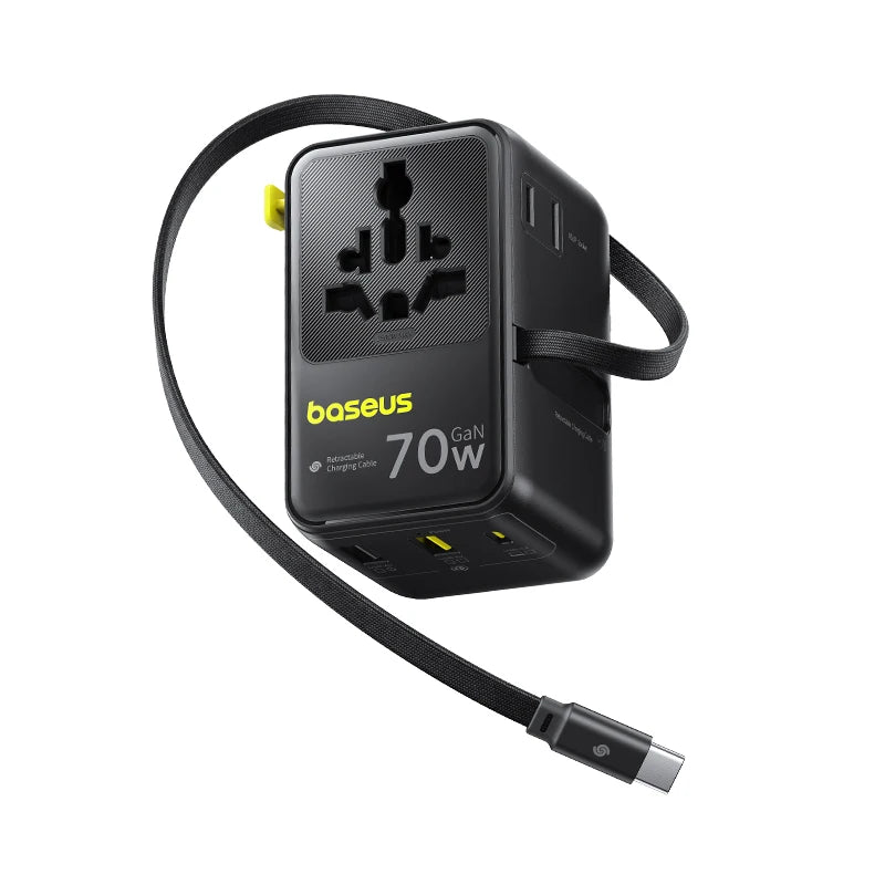 70W Universal Travel Adapter with Built-in Retractable Cable