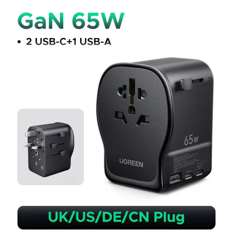 65W GaN Universal Travel Adapter with 2 USB-C and 1 USB-A Ports - 24