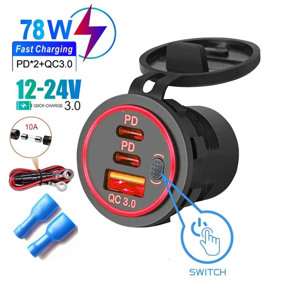 78W Triple Port USB-C Fast Car Charger Socket - 19