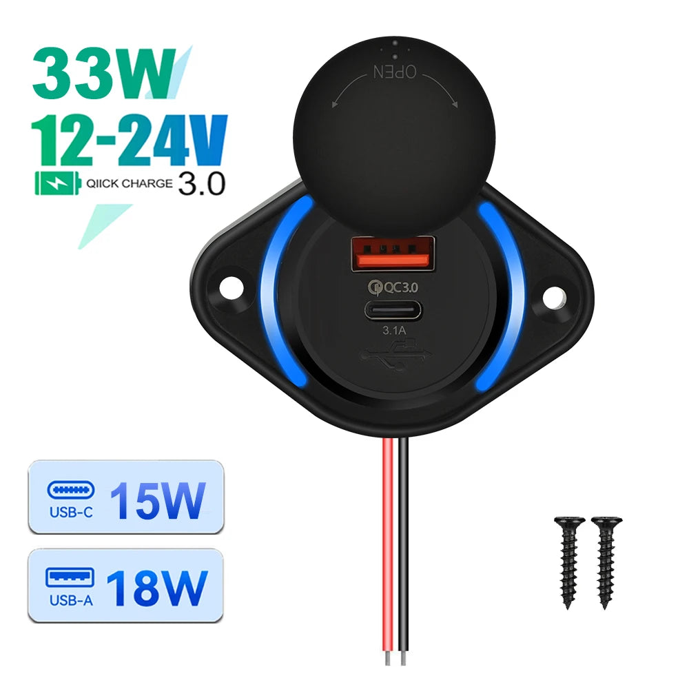 Dual Port USB PD and QC3.0 Power Socket for 12V 24V Vehicles