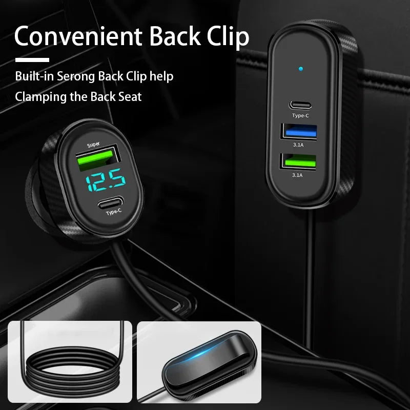 127W 5 Port Fast Car Charger with 150CM Extension Cable for Front Rear