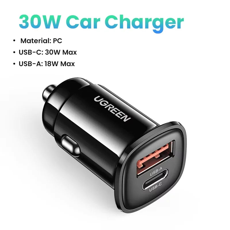 30W Dual Port Fast Car Charger with PD 3.0 and QC 3.0 - 24