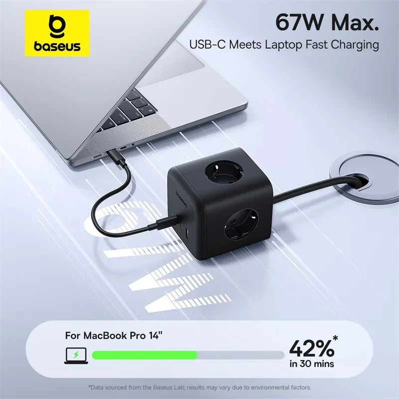 67W GaN Fast Charger Power Strip with 3 AC Outlets and USB Ports