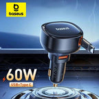 60W Fast Dual Port Car Charger with Retractable Cable