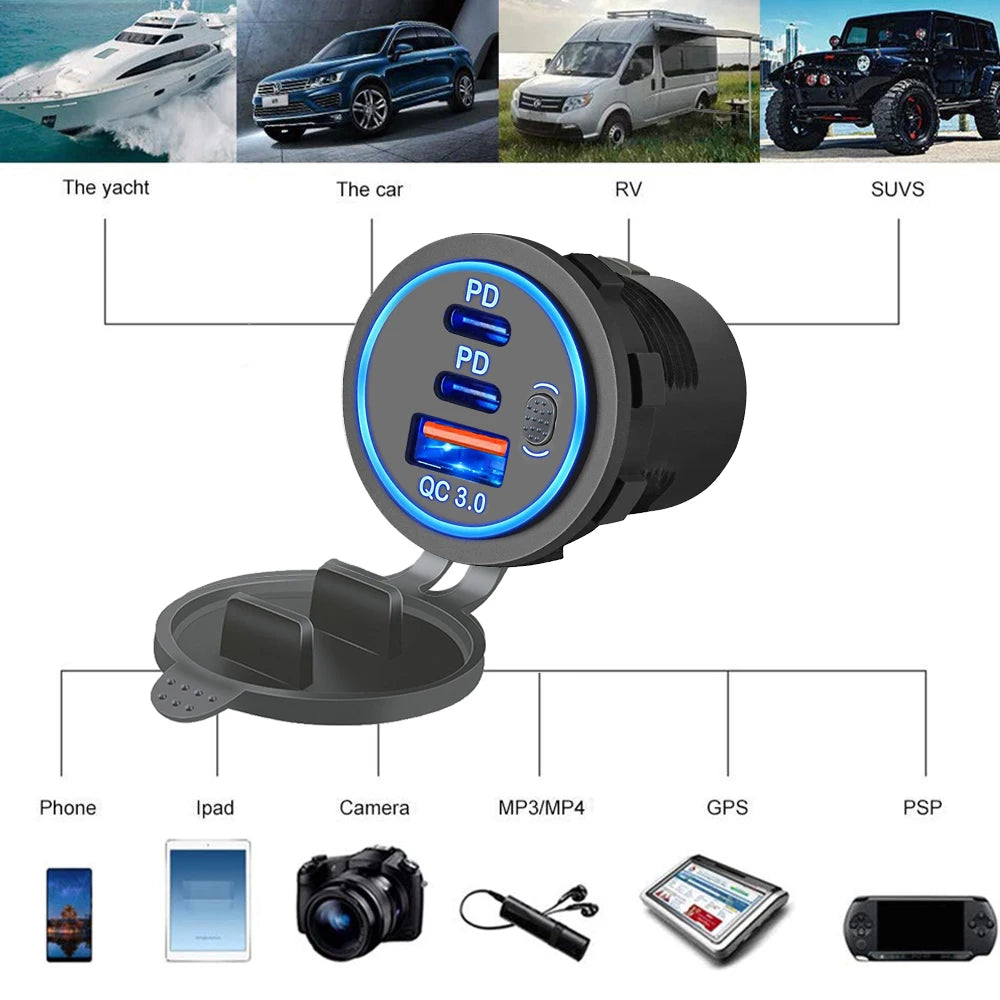 Dual PD and QC3.0 Fast USB Car Charger Socket
