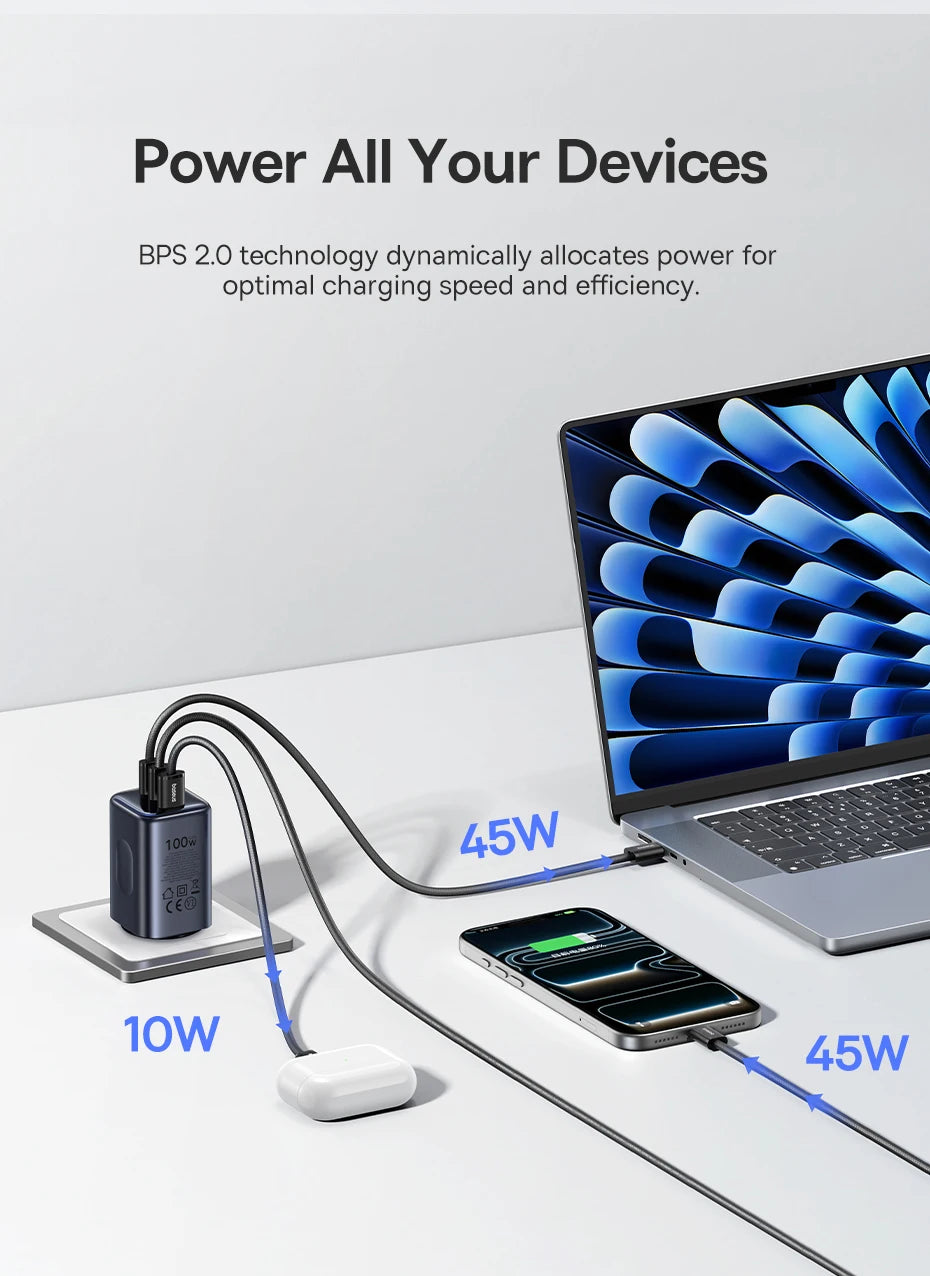 100W GaN Fast Wall Charger with 3 Ports for Laptops and Phones