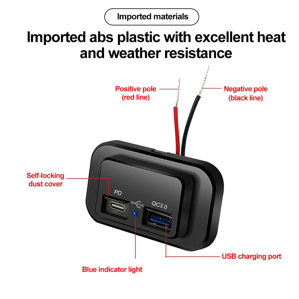 Dual USB Fast Car Charger Socket PD and QC 3.0 for 12V 24V Vehicles