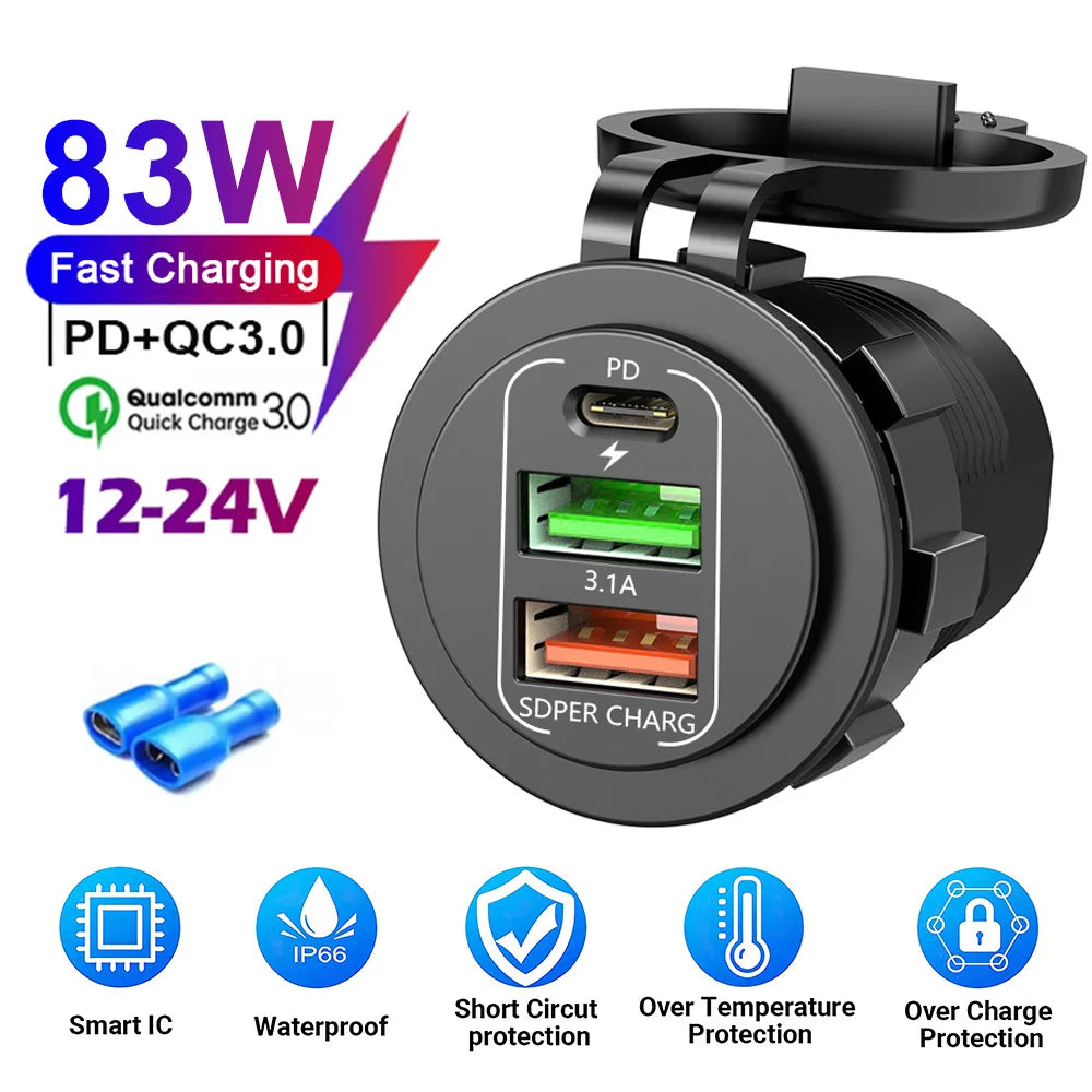83W 4 Port USB and USB-C Fast Car Charger Socket for 12V 24V Vehicles
