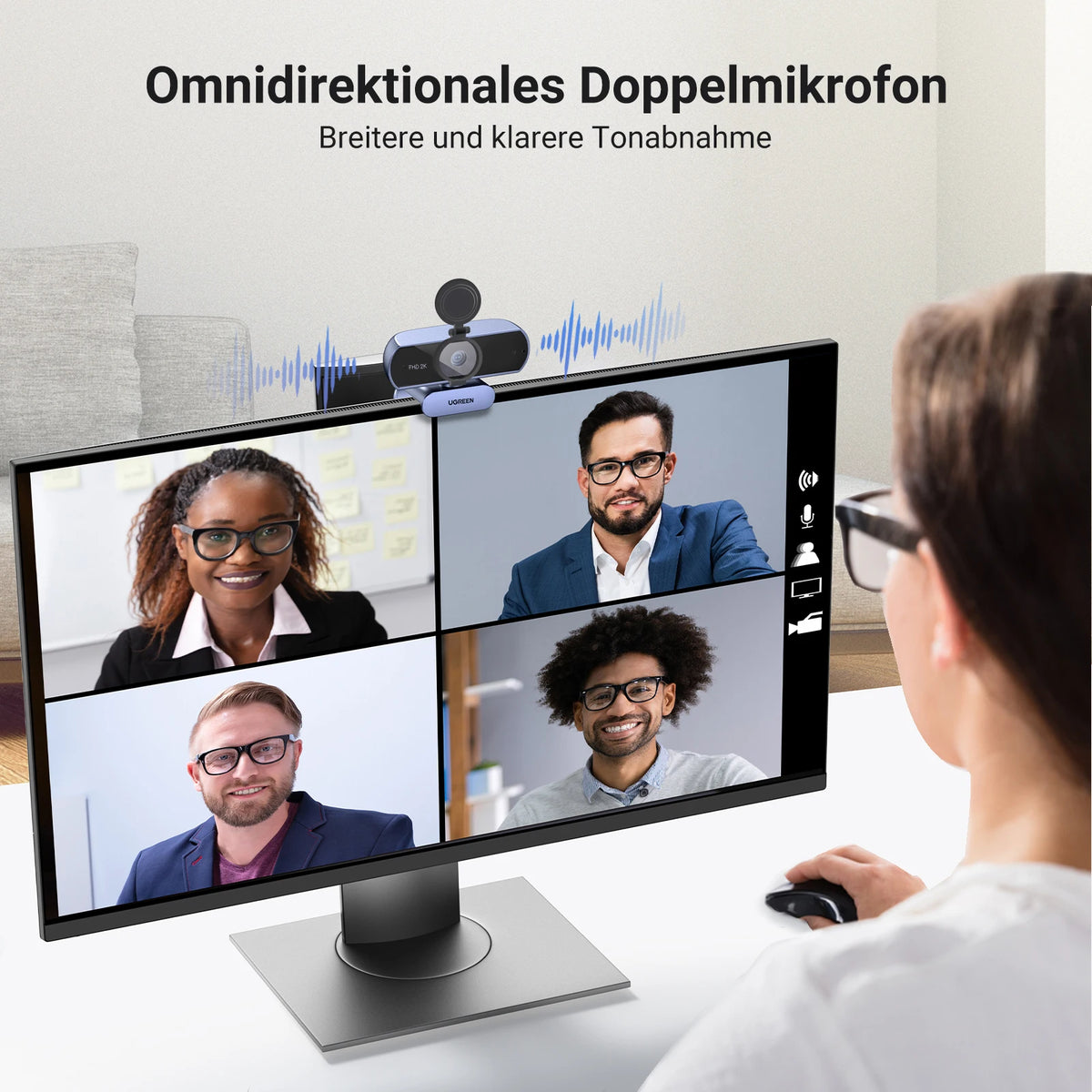 2K HD USB Webcam with Dual Microphones for Video Conferencing