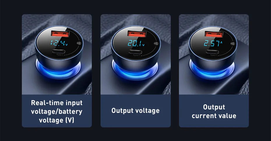 65W Dual Port Fast Car Charger with Voltage Display