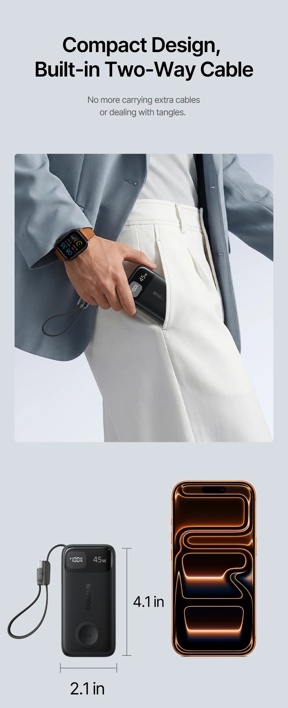 45W 10000mAh Portable Power Bank with Integrated Watch Charger
