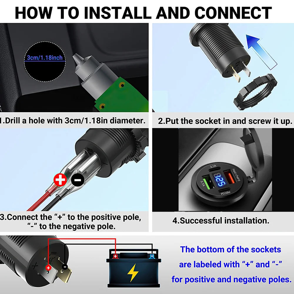 83W 4 Port USB and USB-C Fast Car Charger Socket for 12V 24V Vehicles