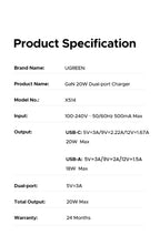 20W GaN Dual-Port USB-C and USB-A Fast Wall Charger