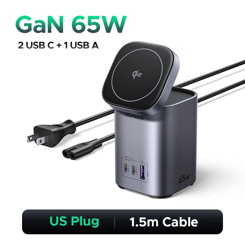 65W Desktop Charger with 15W Qi2 Magnetic Wireless Charging Stand