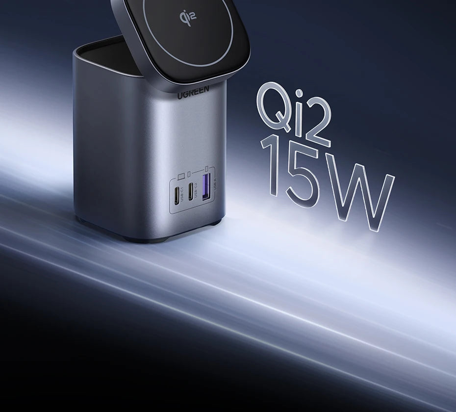 65W Desktop Charger with 15W Qi2 Magnetic Wireless Charging Stand