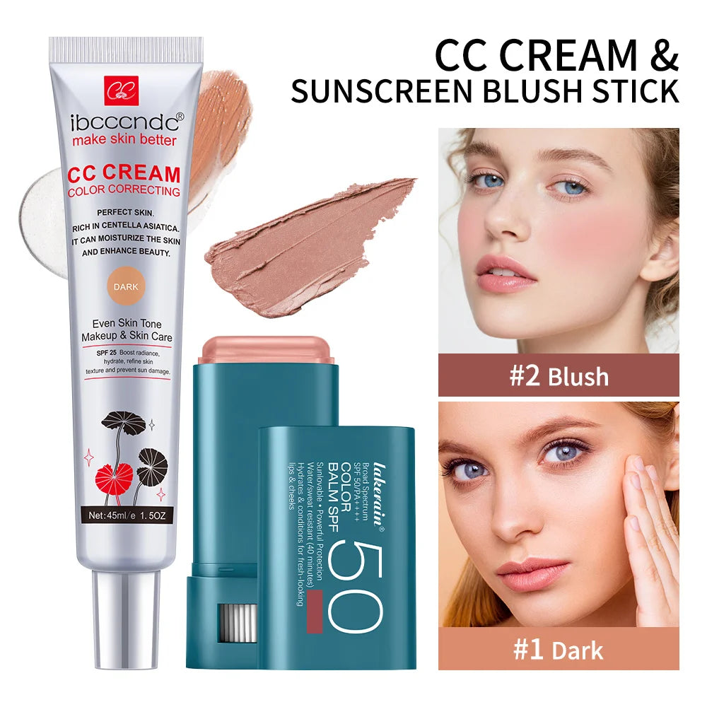 Color Correcting CC Cream and Sunscreen Blush Stick Duo Set