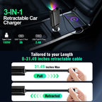 100W Car Charger with Retractable Cable PD 30W Fast Charging Adapter