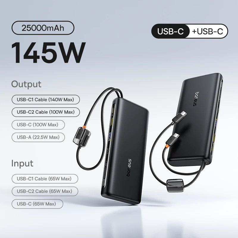145W Fast Charging Power Bank with Built-In Cables 25000mAh