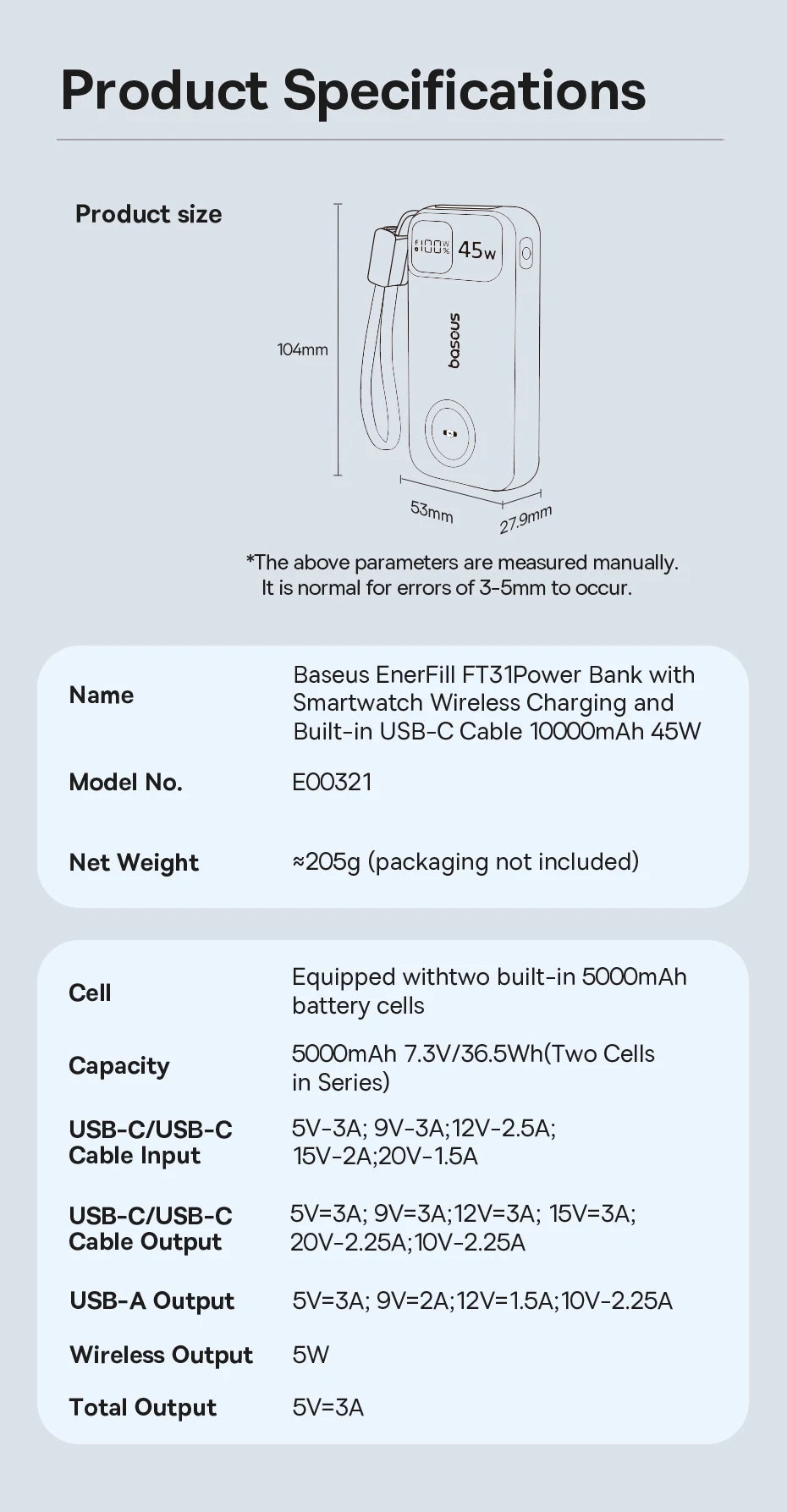 45W 10000mAh Portable Power Bank with Integrated Watch Charger