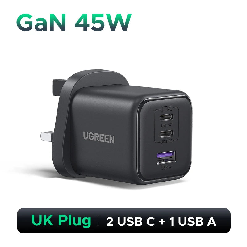 45W GaN Fast Wall Charger with Dual USB-C and USB-A Ports