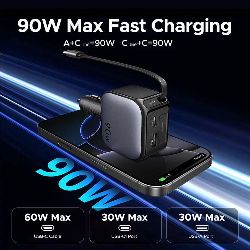 145W Fast Car Charger with 3 USB-C and 1 USB-A Ports