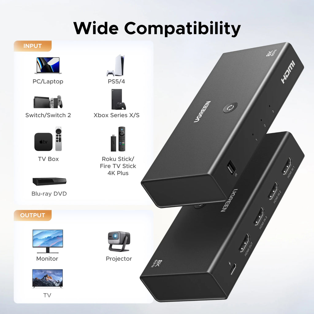 8K 60Hz HDMI 2.1 Switcher 3-in-1 Out with Remote Control