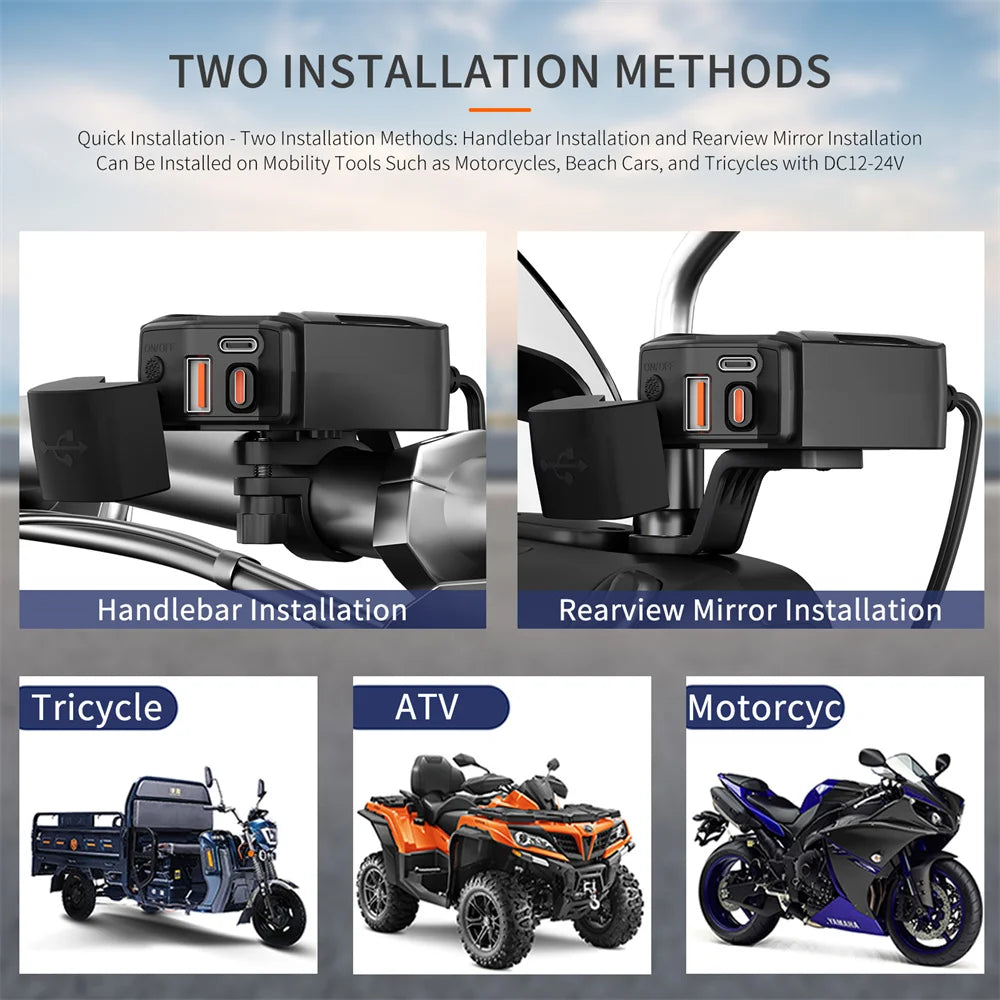 Motorcycle 100W Bidirectional USB Charger with Voltmeter and Switch