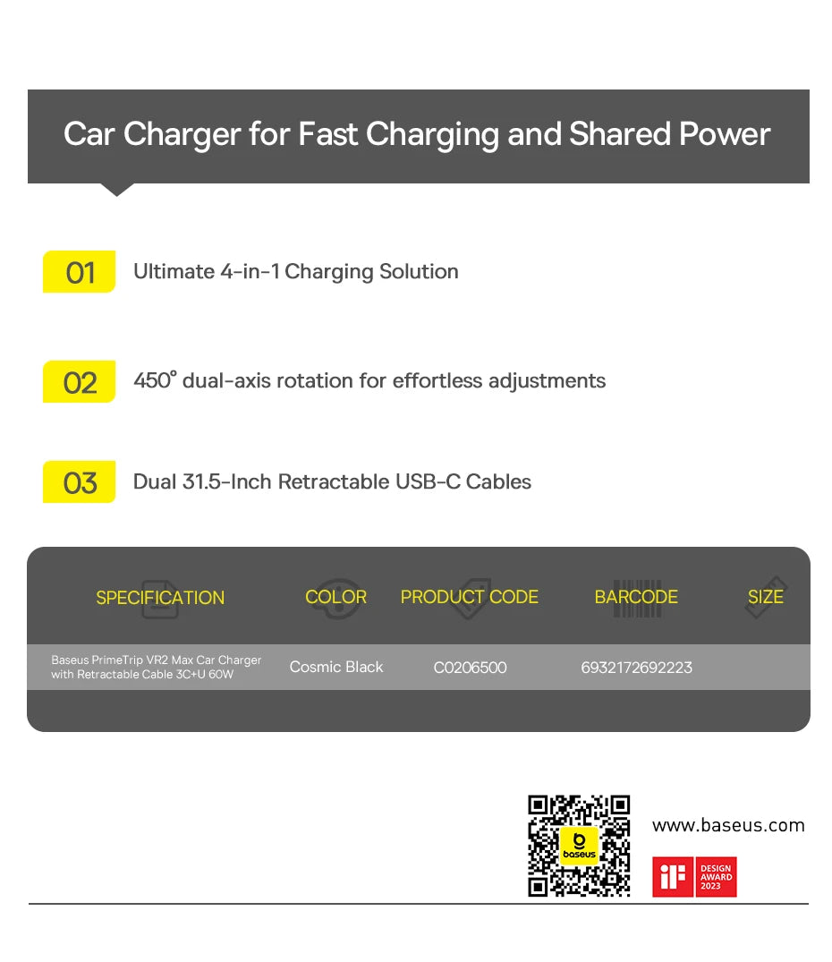 4-Port Fast Car Charger with Retractable Cables