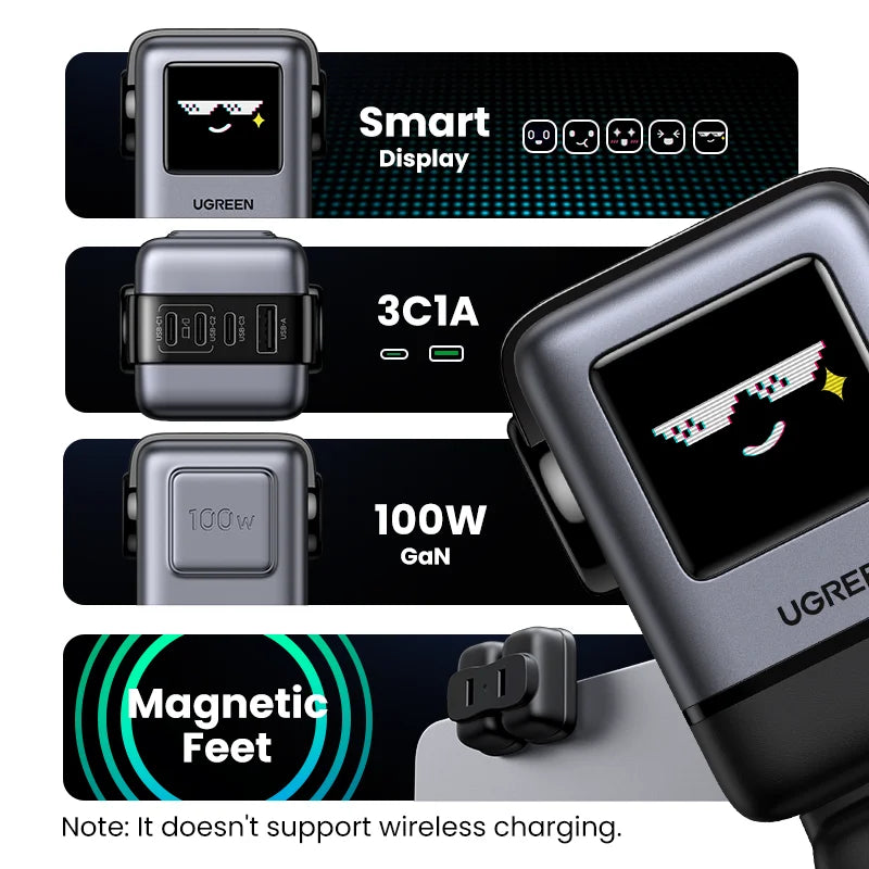 100W GaN Fast Wall Charger with Robot Display for Laptops and Phones