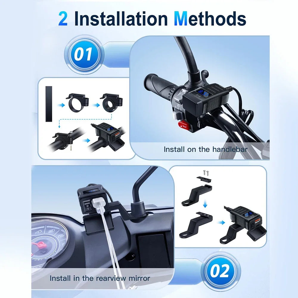 Motorcycle Handlebar USB Type C Charger with Voltmeter and Power Switch