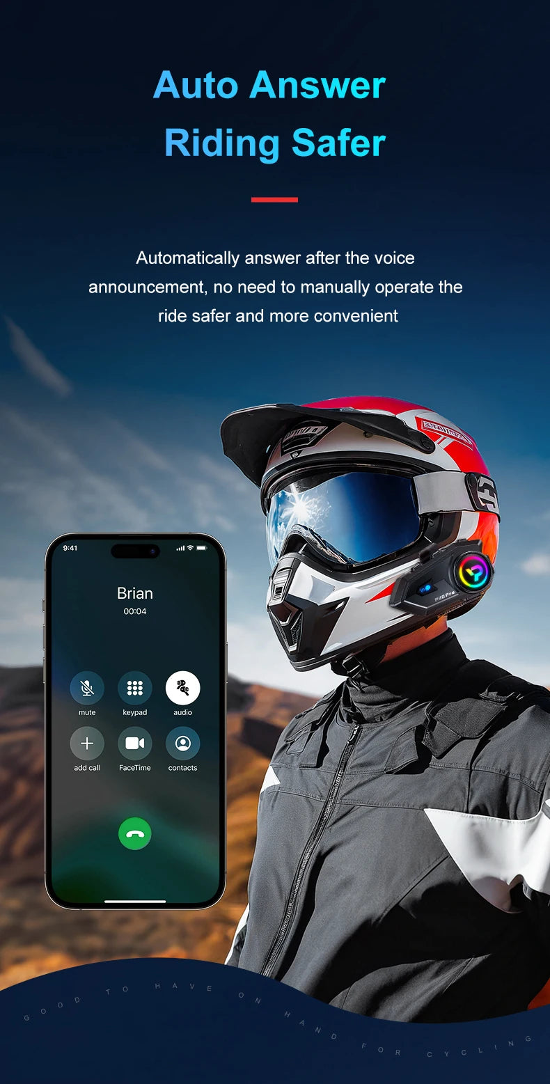 Bluetooth 6.0 Motorcycle Helmet Intercom Headset with FM Radio 500m