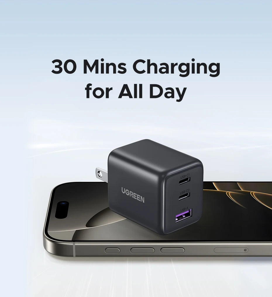 30W GaN Fast Wall Charger with 3 Ports for Smartphones and Tablets - 9