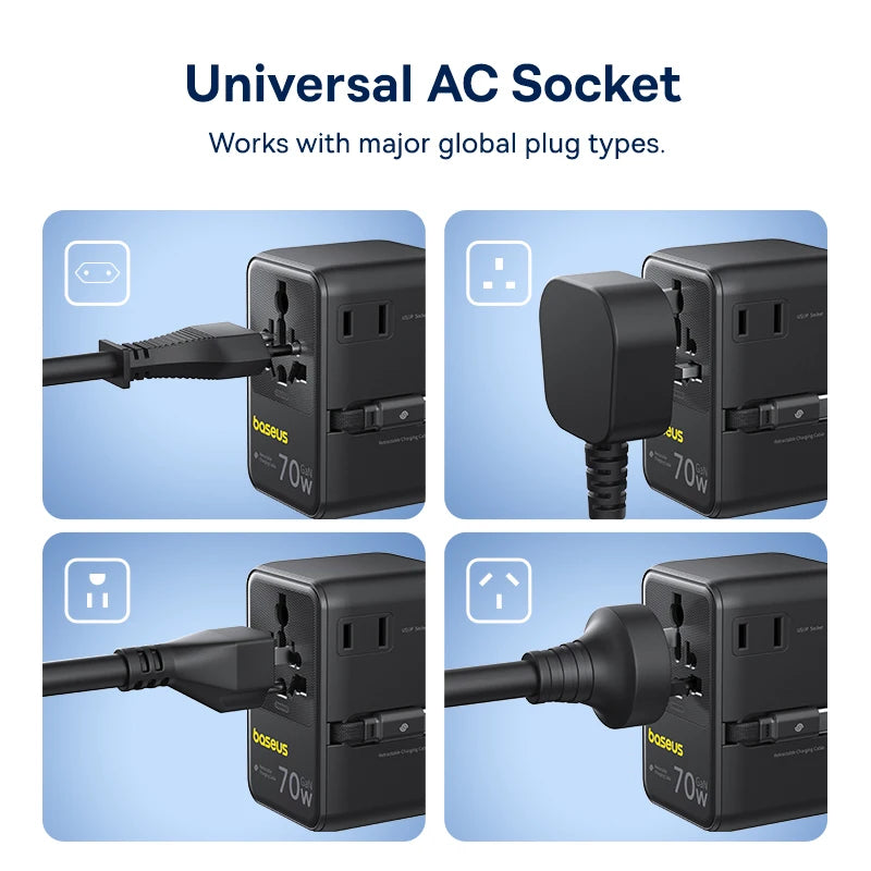 70W GaN Universal Travel Power Adapter with Retractable Cable - 3