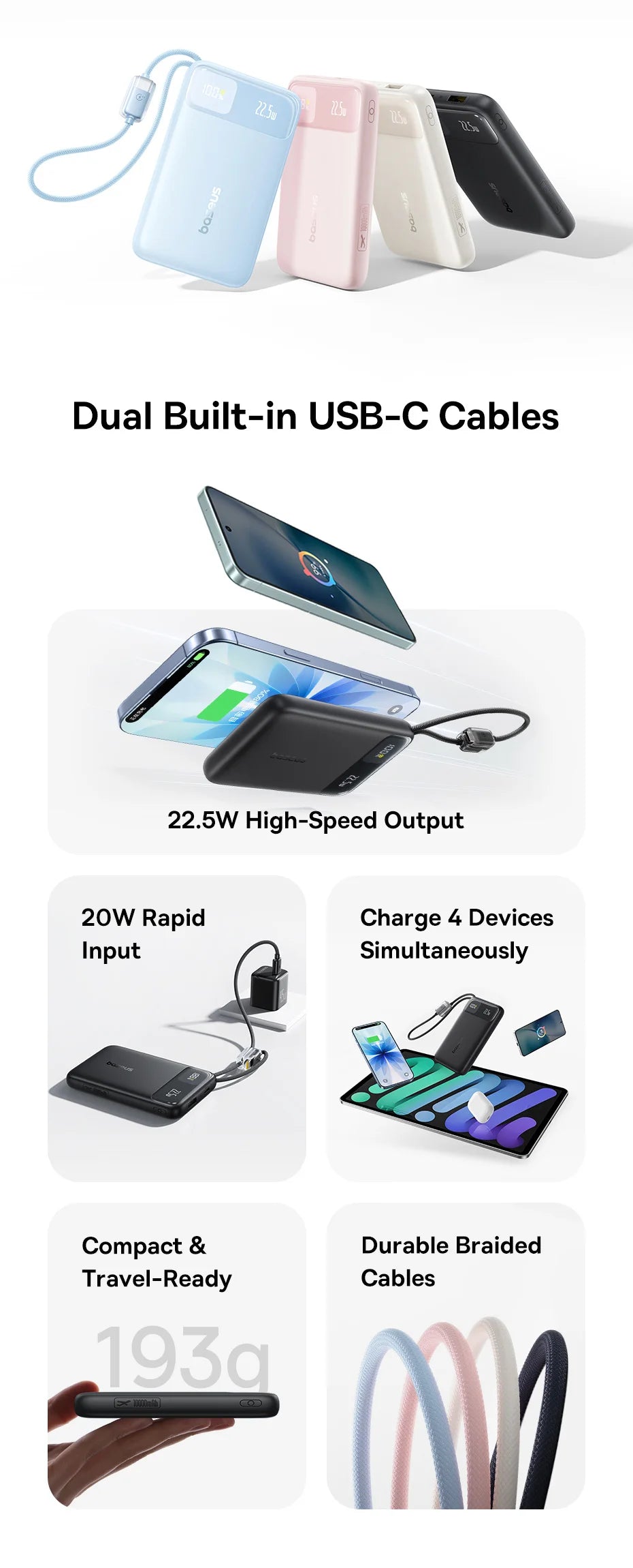 10000mAh Portable Power Bank with Dual Built-in USB-C Cables