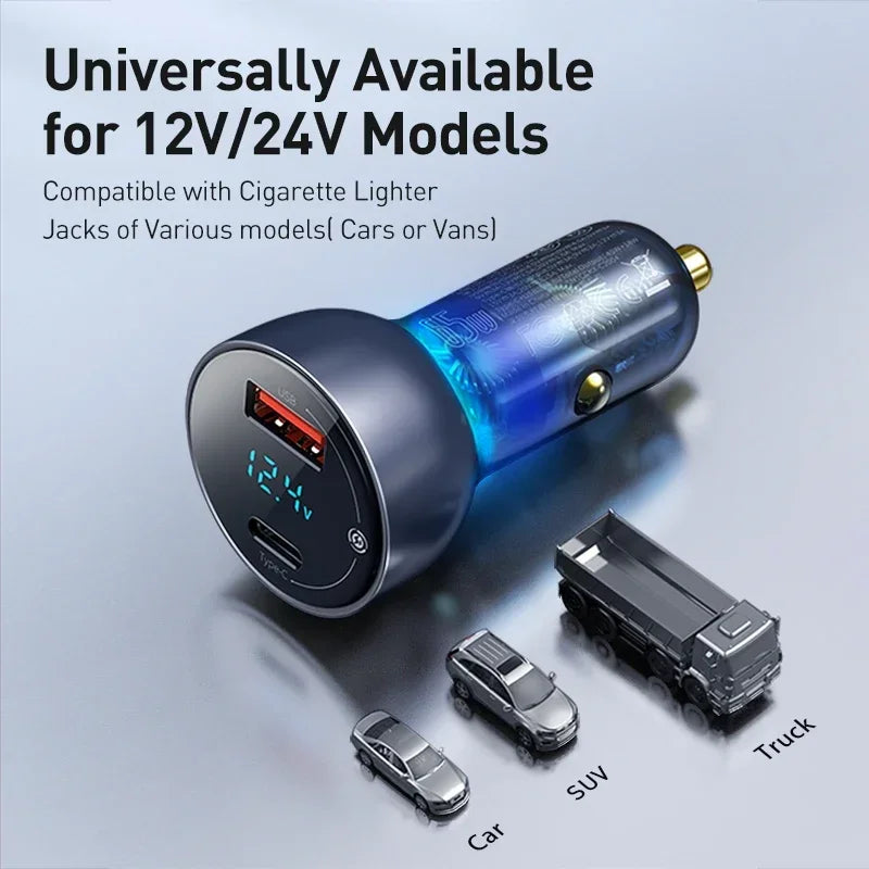 65W Dual Port Fast Car Charger with Voltage Display