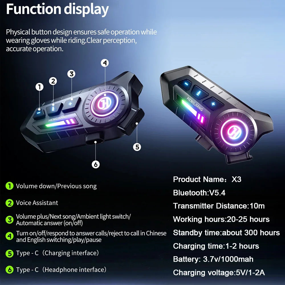 Bluetooth 5.4 Motorcycle Helmet Headset with RGB Lights
