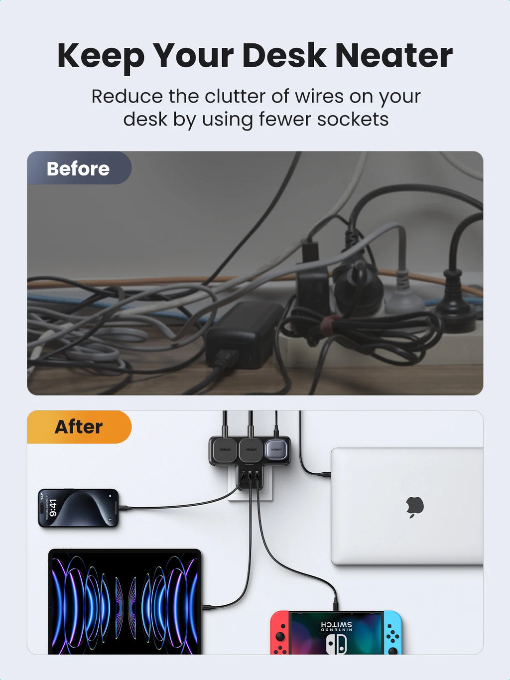 6-in-1 UK Plug Power Strip with 30W USB-C Fast Charging