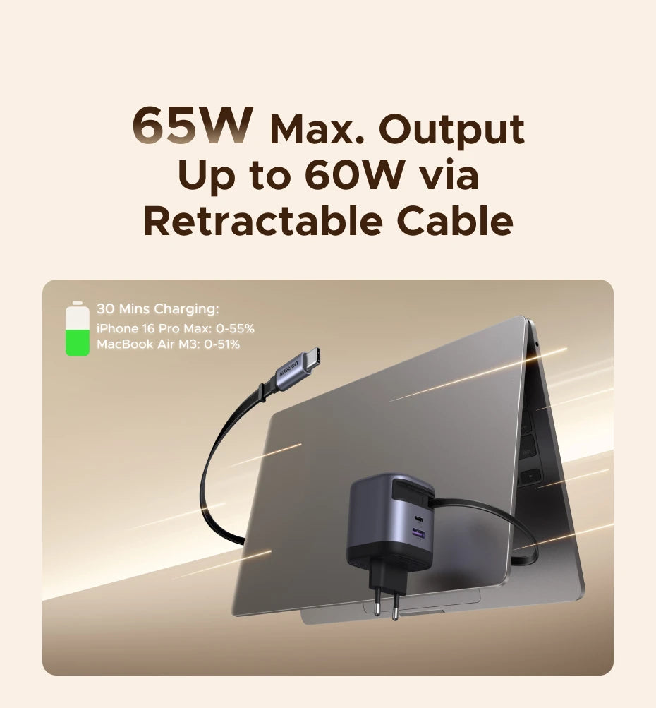 65W GaN Fast Wall Charger with Built-in Retractable USB-C Cable