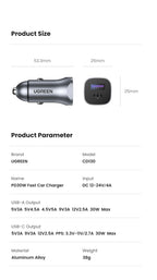 30W Dual Port Fast Car Charger with PD 3.0 and QC 4.0