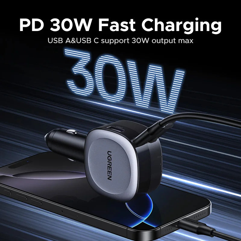 75W Fast Car Charger with Retractable Cables