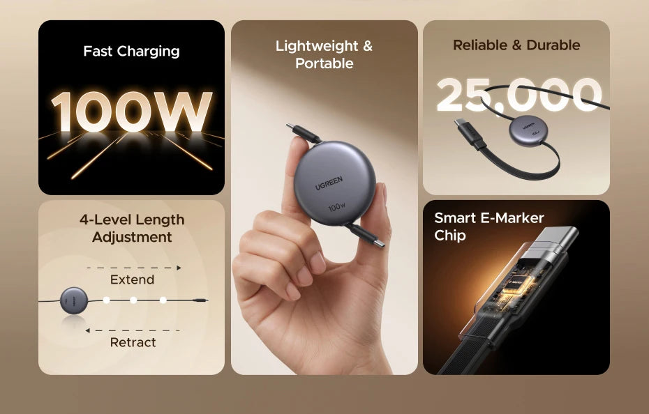 100W Retractable USB-C to USB-C Fast Charging Data Cable