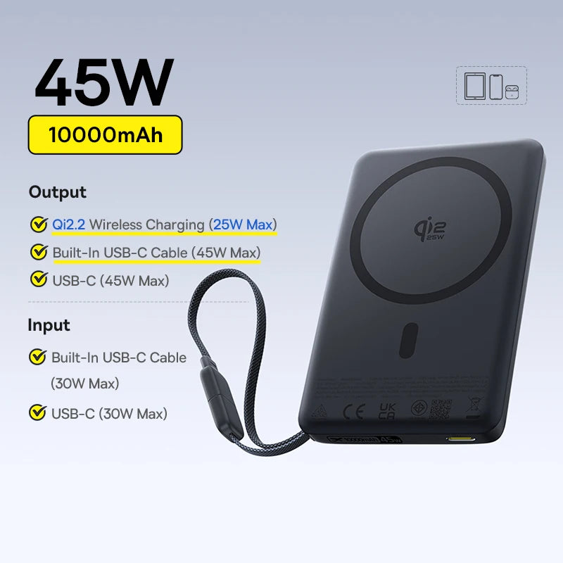 10000mAh Magnetic Wireless Power Bank with Qi2 Fast Charging