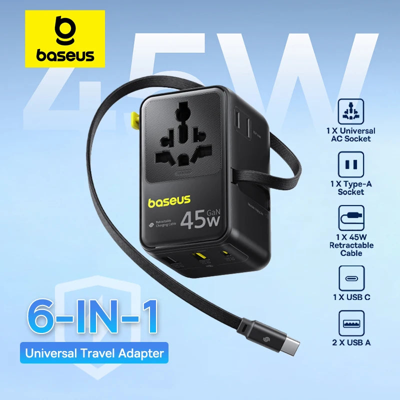 6-in-1 Universal Travel Adapter with 45W Fast Charging and Cable