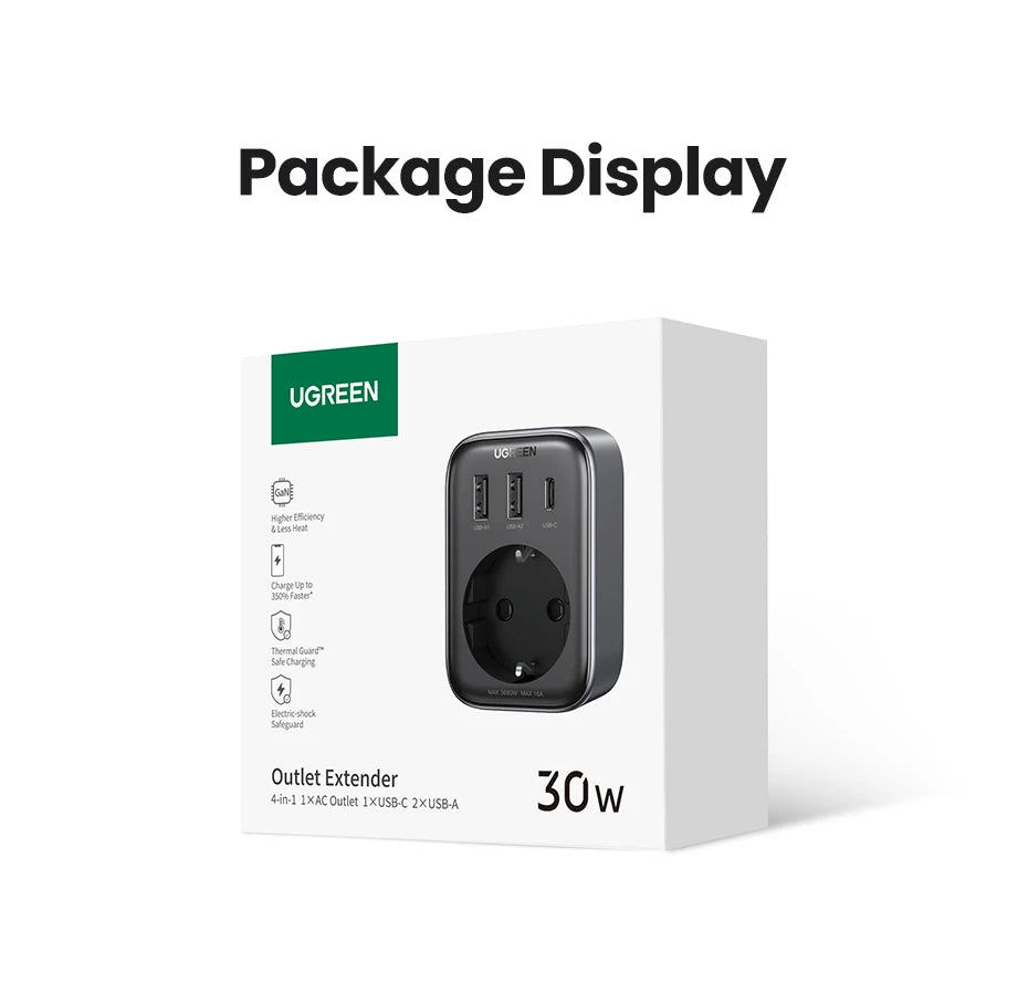 30W GaN Fast Charger with Built-in AC Wall Socket