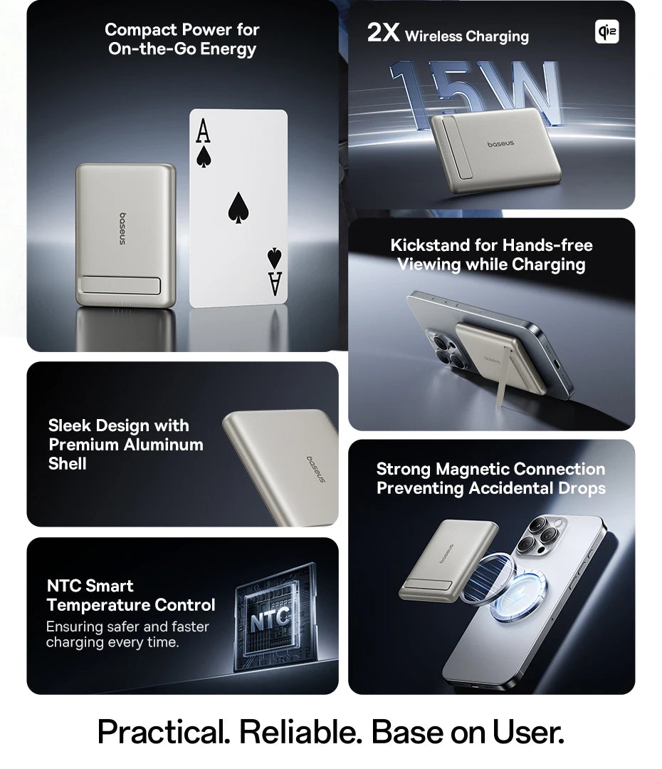Qi2 Magnetic Portable Wireless Power Bank with Kickstand 5000mAh